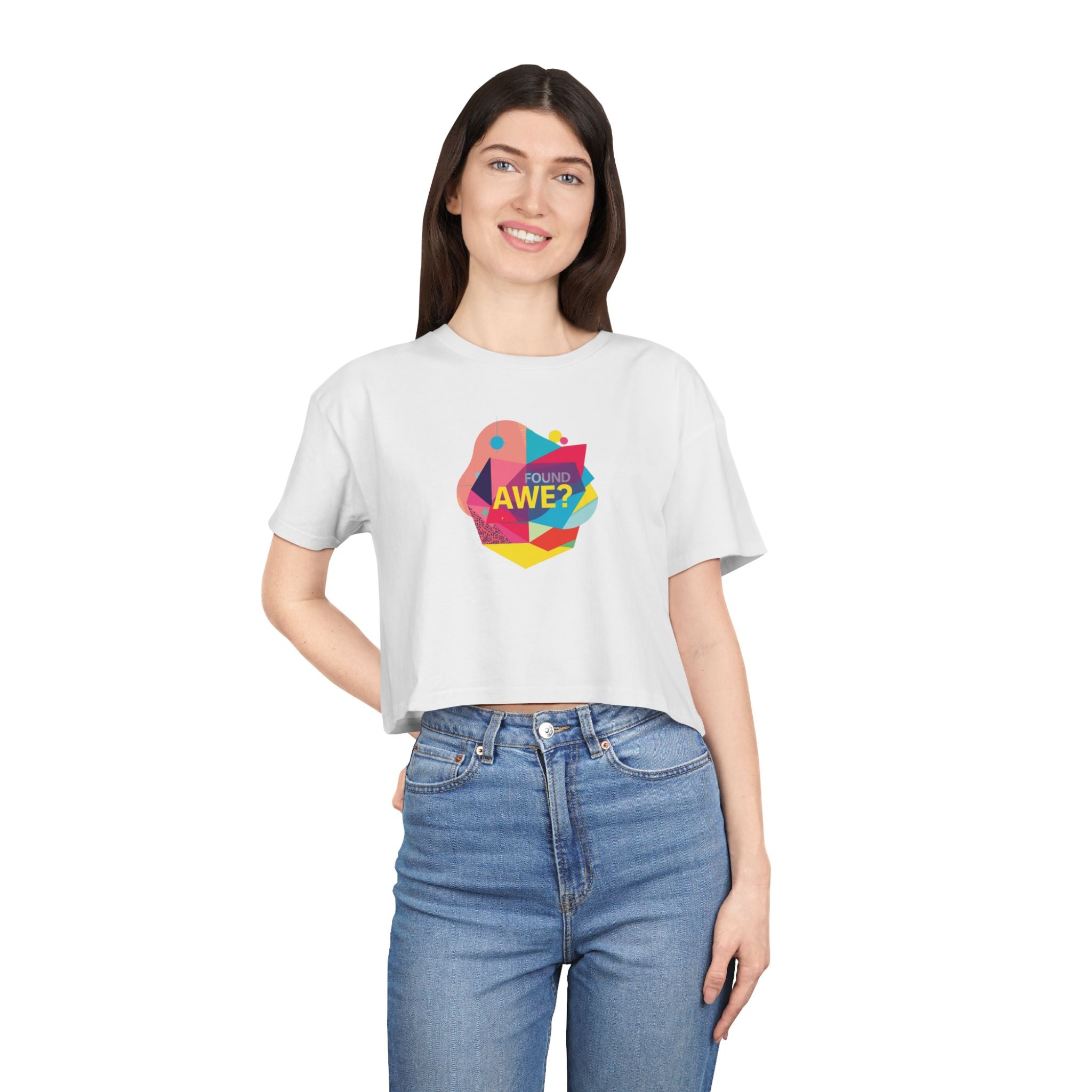 Women's Crop Tee — Colorful "Found Awe?" Geometric Graphic Crop Top
