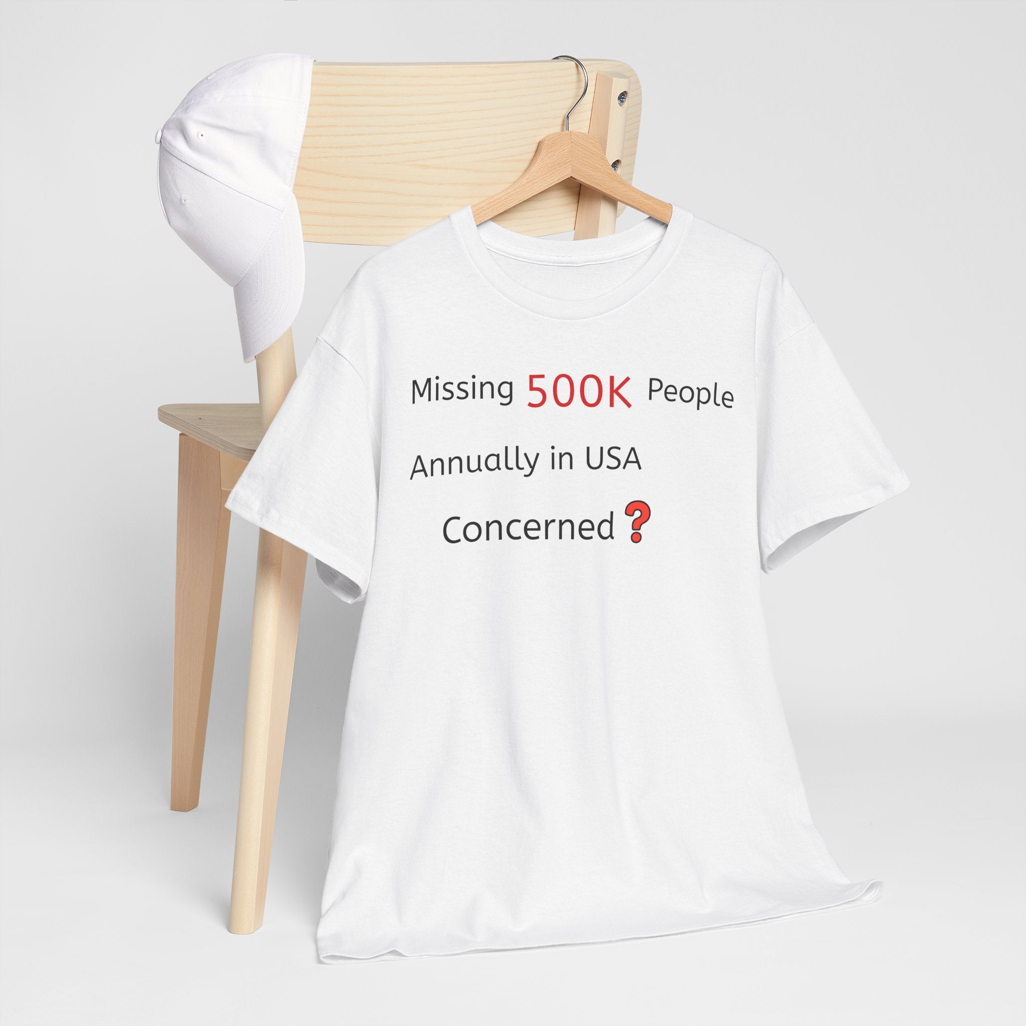 500K Missing People Info Tee — Thought-Provoking T-shirt Inspiring Curiosity and Action
