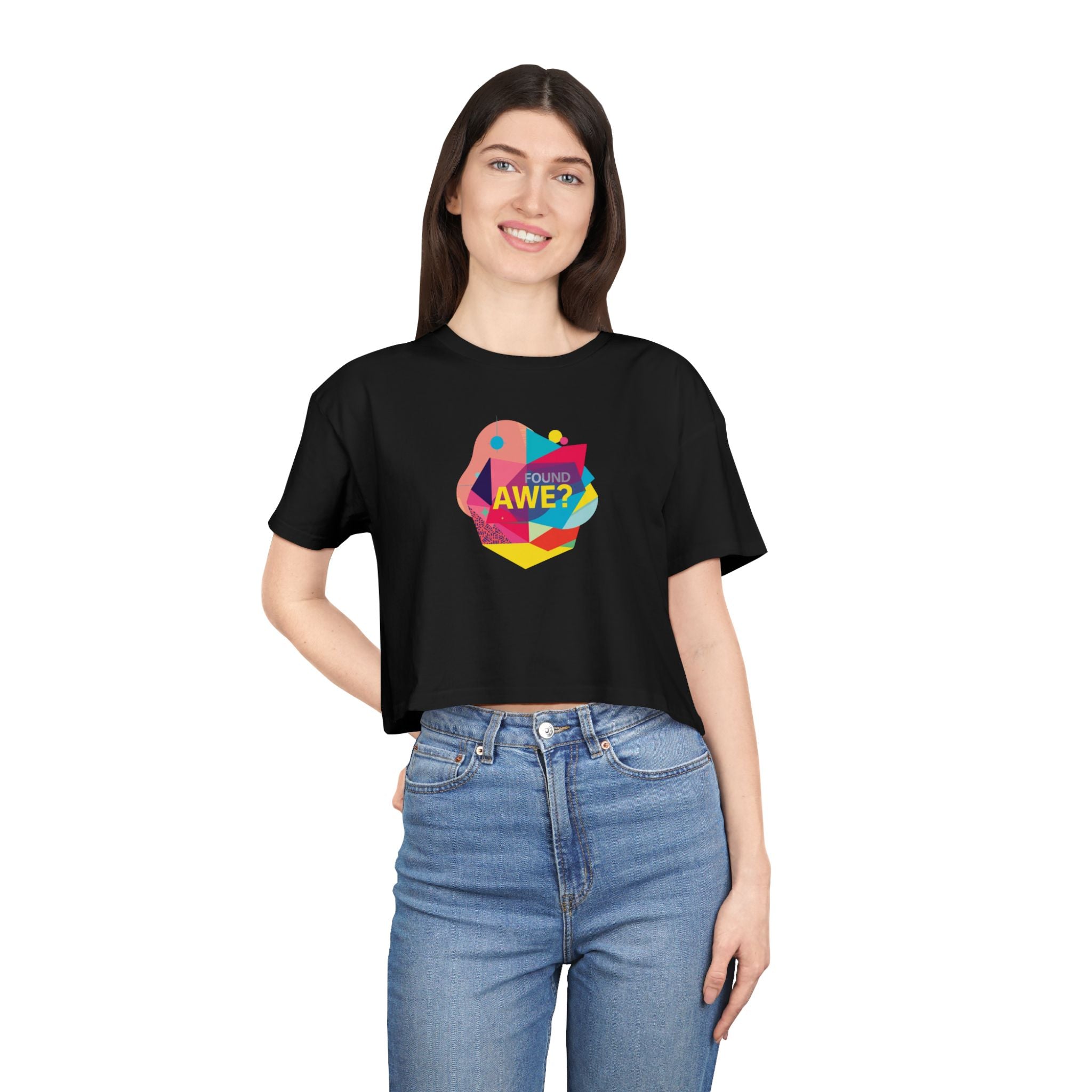 Women's Crop Tee — Colorful "Found Awe?" Geometric Graphic Crop Top